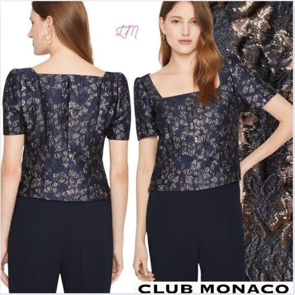 Club Monaco Brocade Puff Sleeve Blouse Size 6‎ Navy Multi Metallic